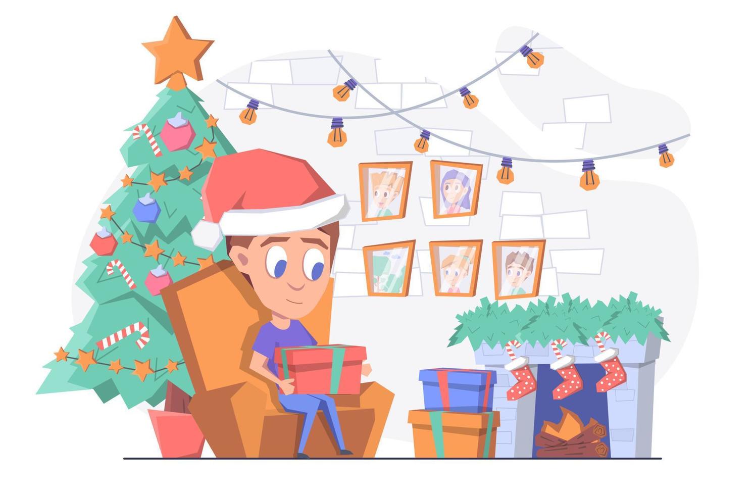 el hombre abre los regalos de navidad junto a la chimenea y el árbol de navidad vector