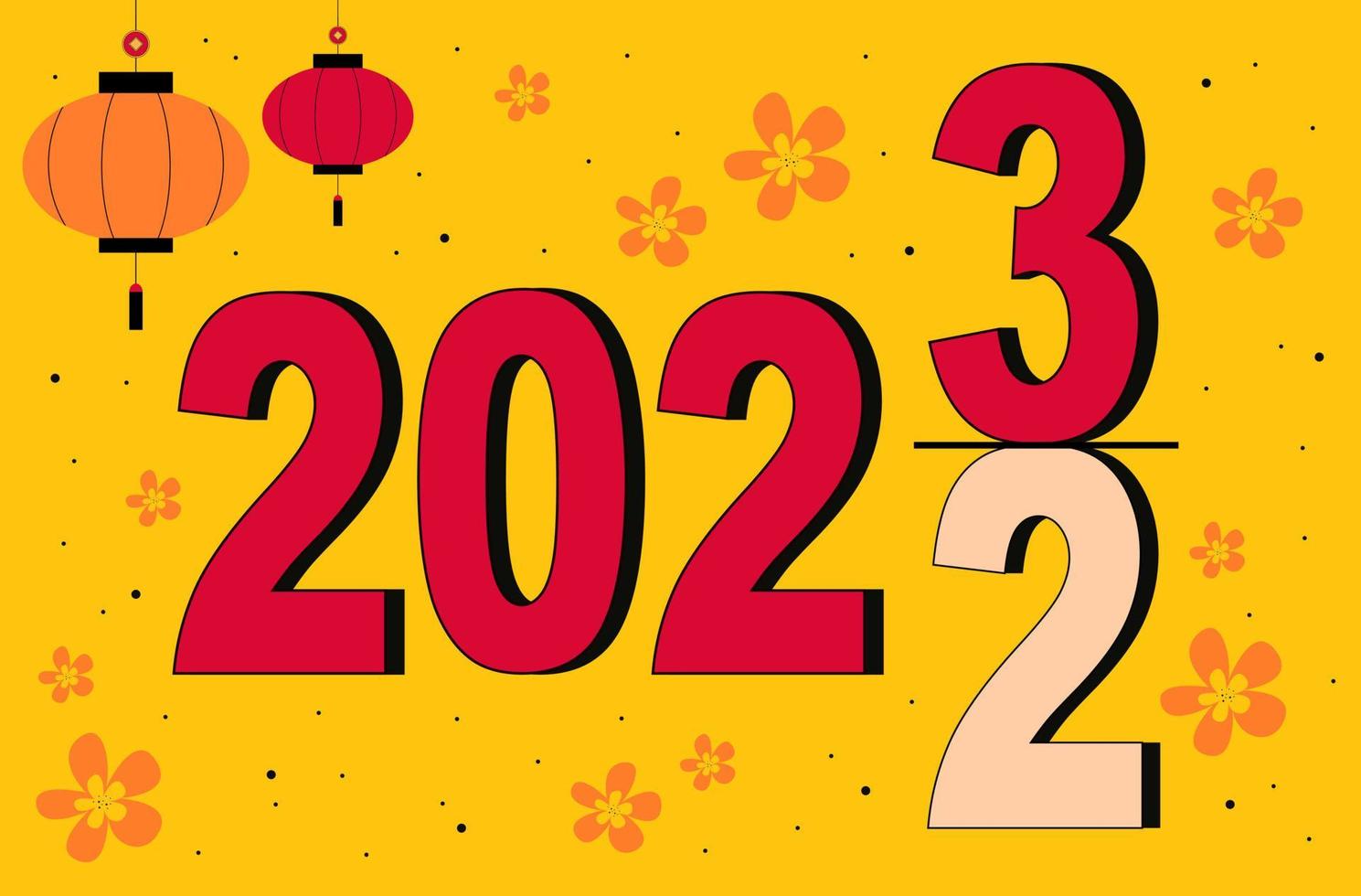 Chinese New Year. The inscription 2023 displaces 2022. Chinese lanterns and flowers vector