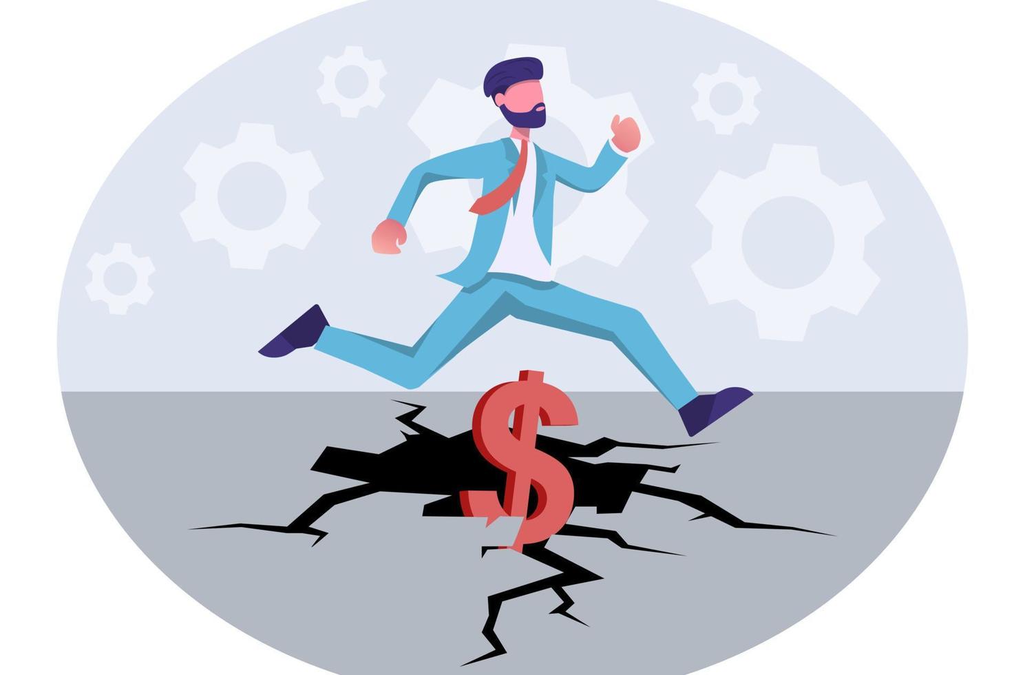 Anti-crisis. Businessman jumps over the dollar hole. vector