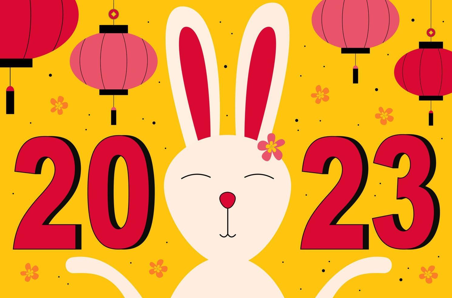 Chinese New Year. Inscription 2023 with a rabbit, Chinese lanterns, coins and flowers vector