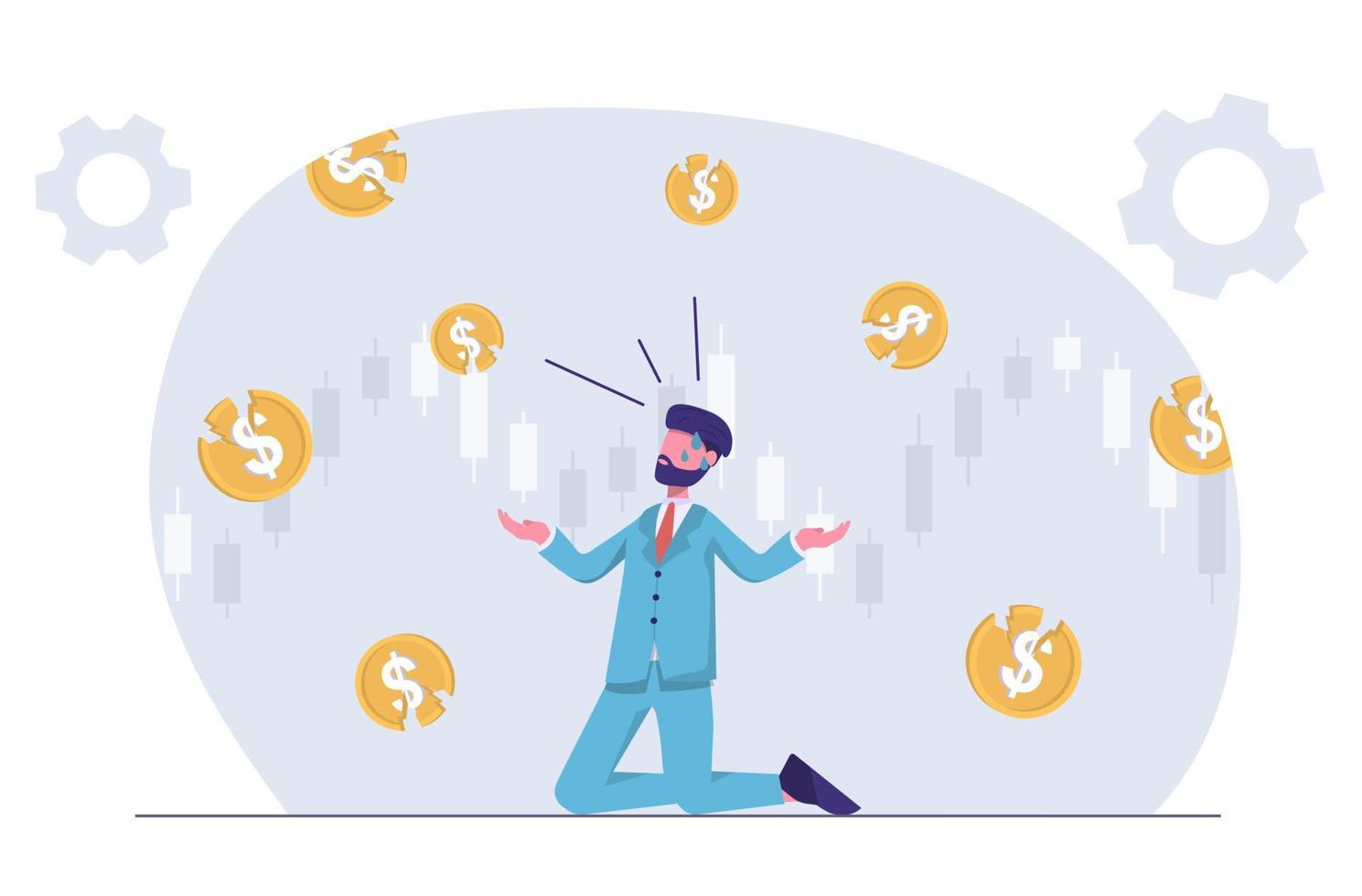 Stock market crash. Businessman kneeling, raining ruined dollars all around. vector