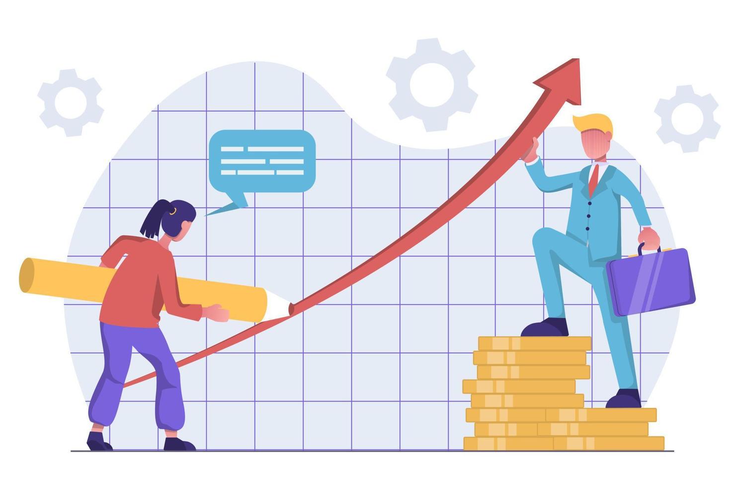 Growth of business indicators. The woman draws the arrow up, the businessman holds the growth of indicators. vector