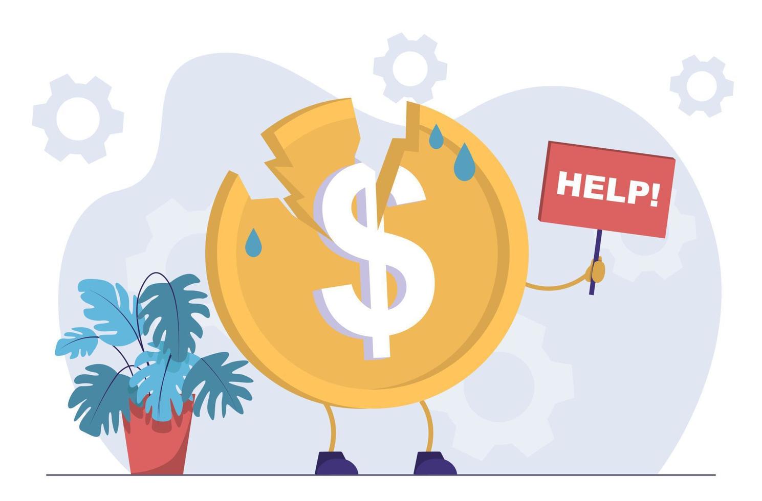 Financial crisis. Coin asks for help. Money need support vector