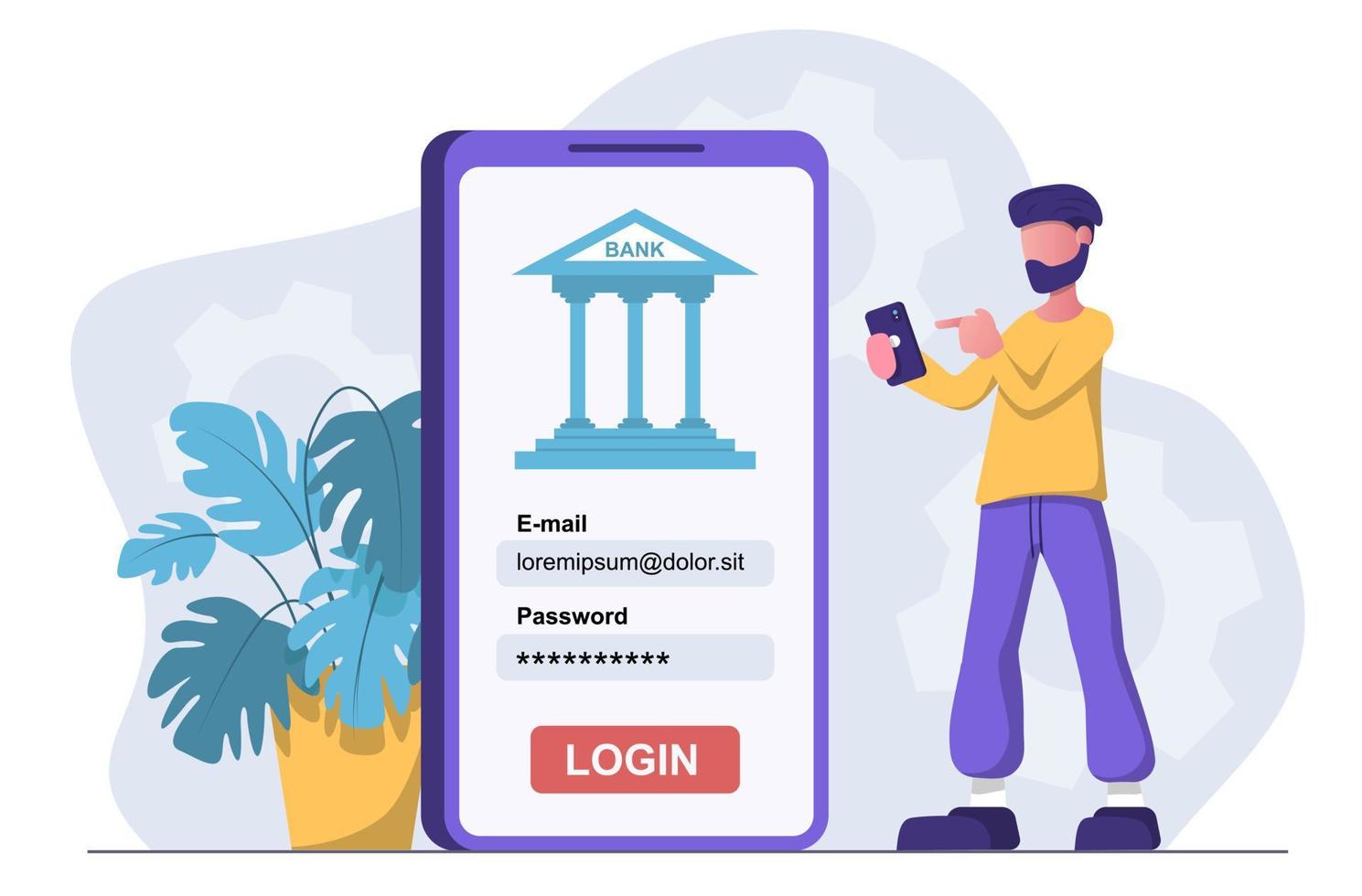 Online banking. A man logs into an account on his phone vector