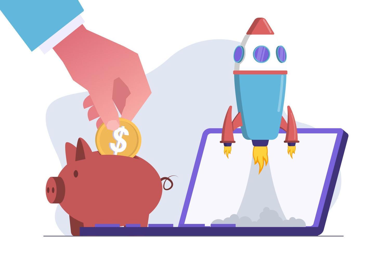 Startup investment. A businessman puts money in a piggy bank and a rocket flies up next to him. vector