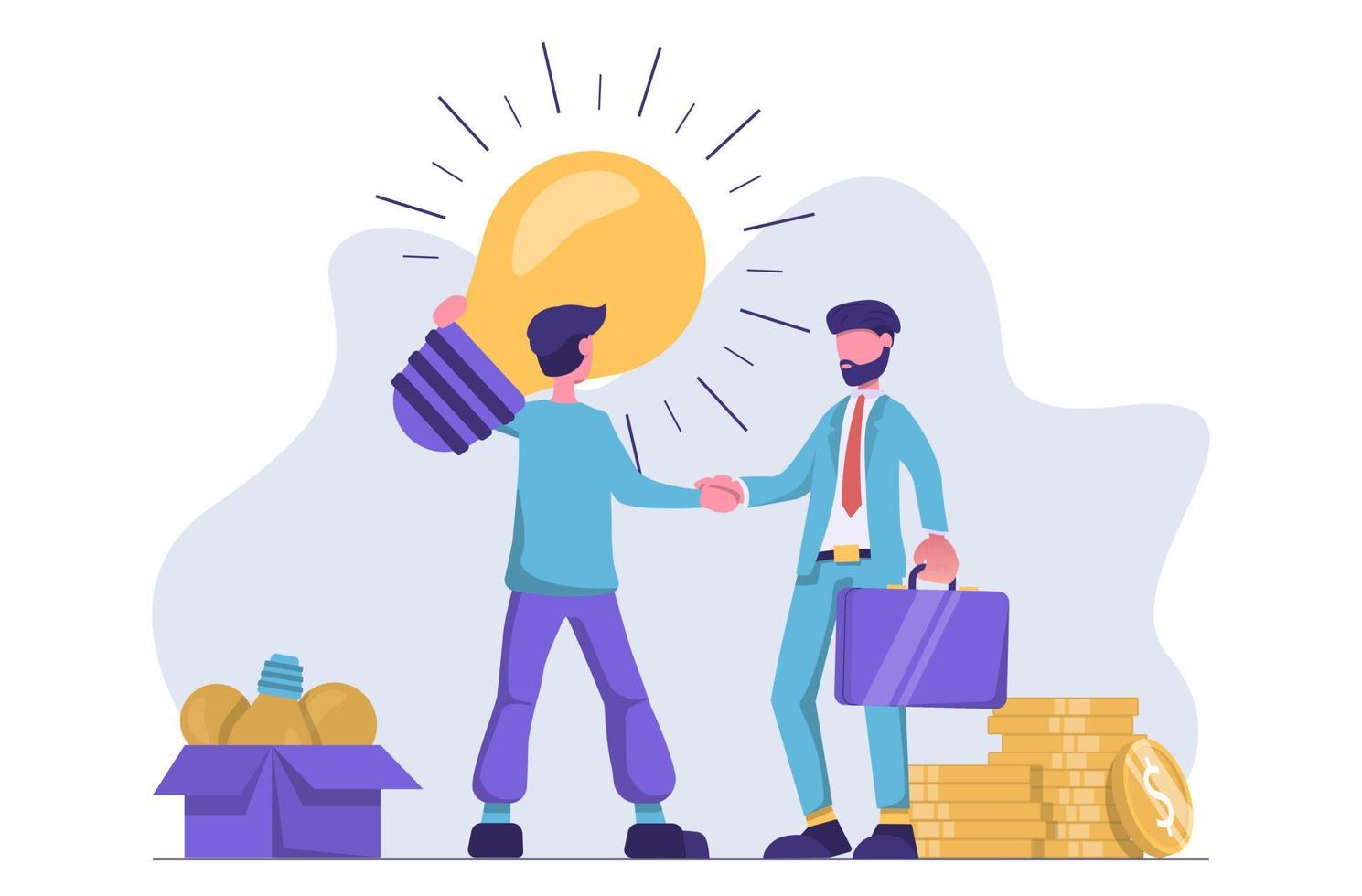 Startup investment. A man holds up a light bulb and shakes hands with a businessman. vector