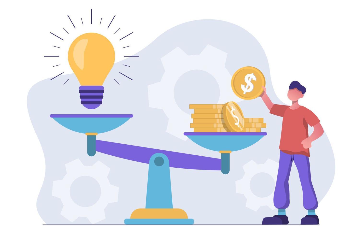 Startup investment. A man weighs money and a light bulb on the scale vector