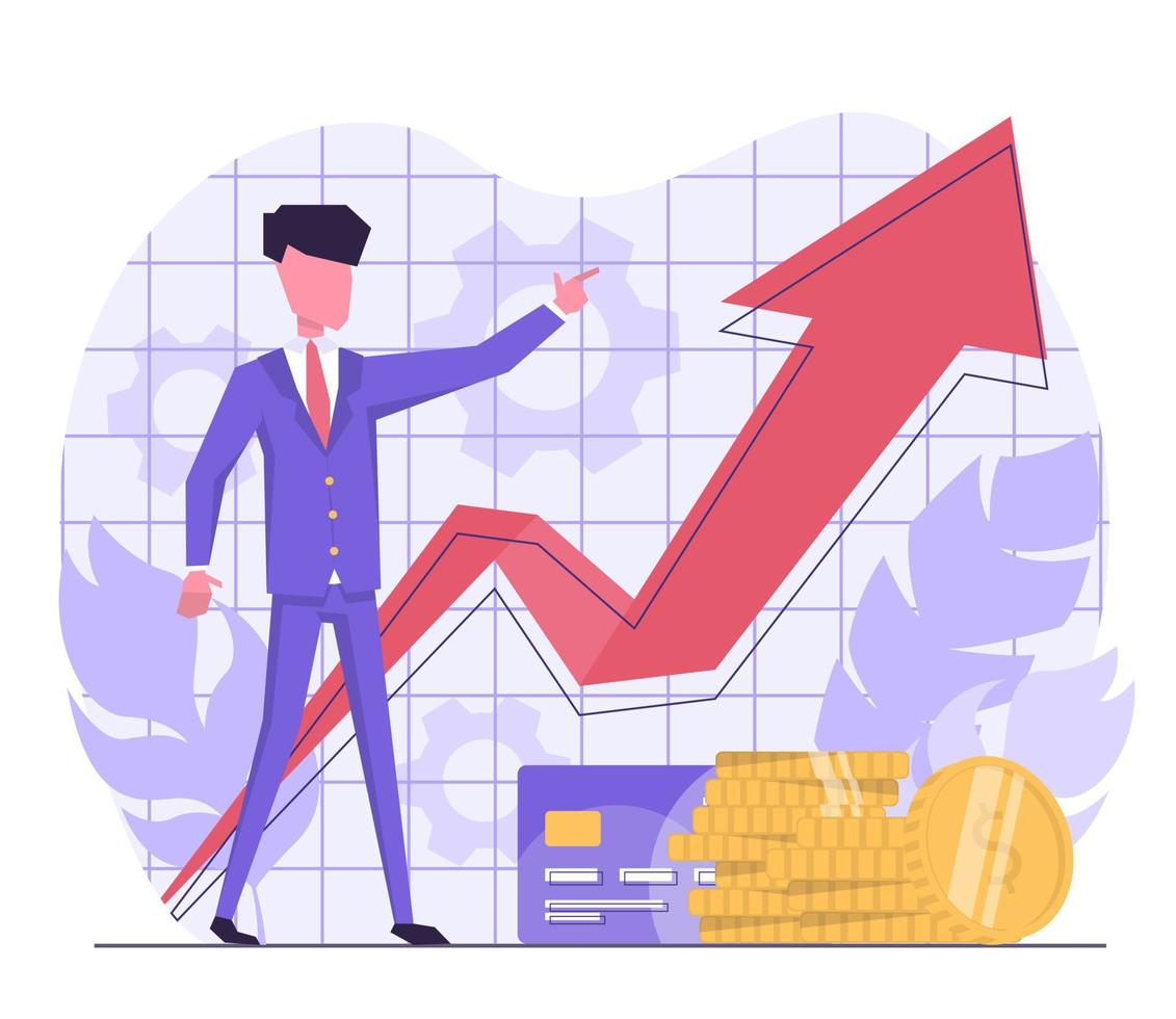 Financial analysis. Businessman points to the growth arrow on the chart vector