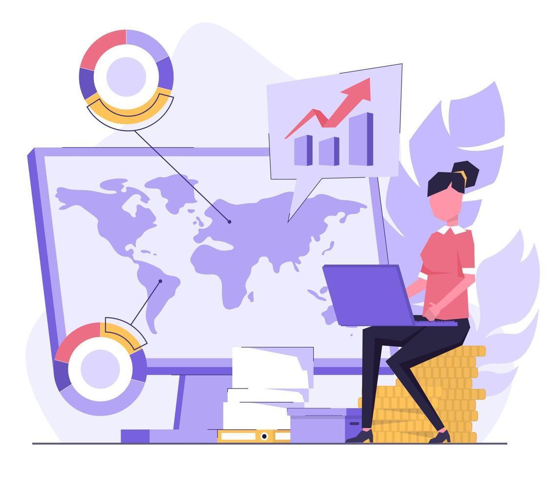 Digital business. A woman with a laptop sitting on a coin, with a map of the world and diagrams on the screen vector