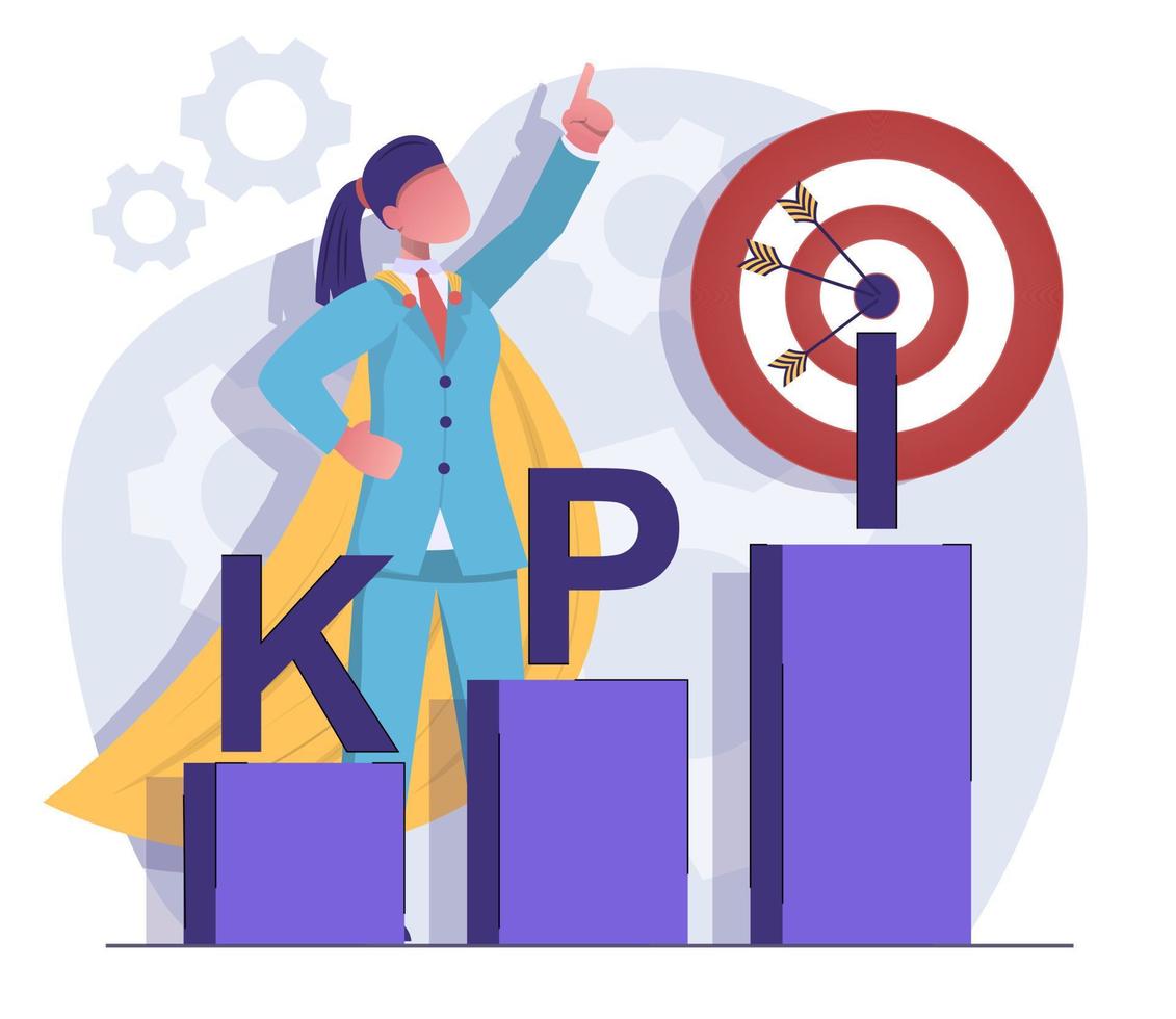 Key performance indicators. Businessman woman strives for a goal, next to the KPI chart vector