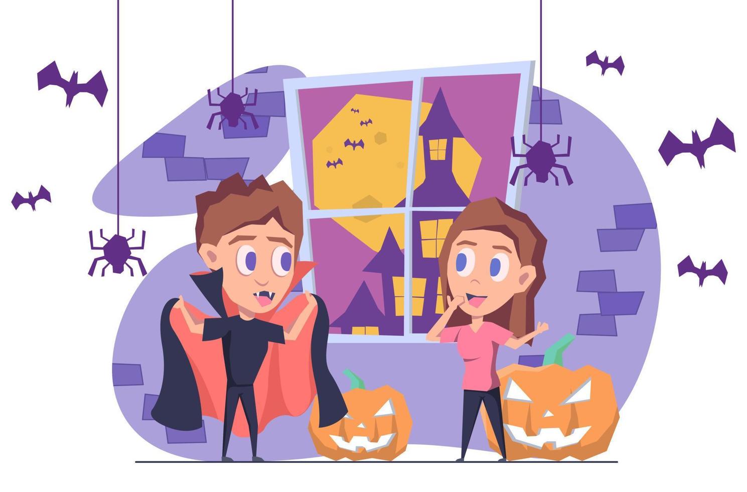 A girl and a guy in a vampire costume taking pictures of pumpkins and a scary tree on Halloween, with a cemetery and gravestones in the back. Flat vector illustration.