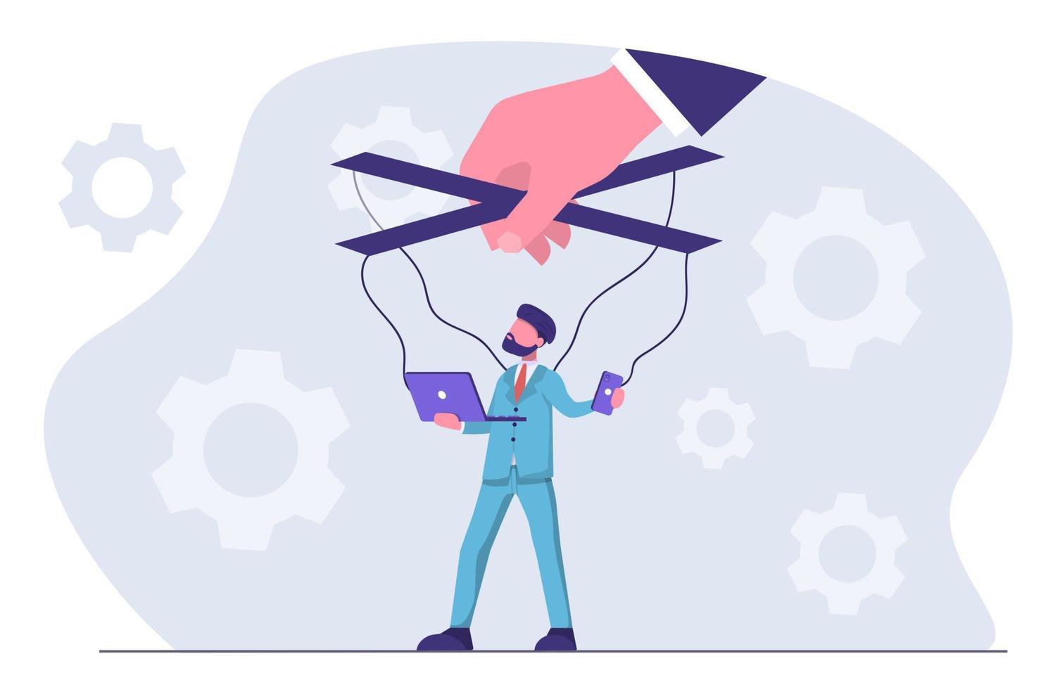 The puppeteer's hand controls the businessman. Business manipulation. Business control. vector