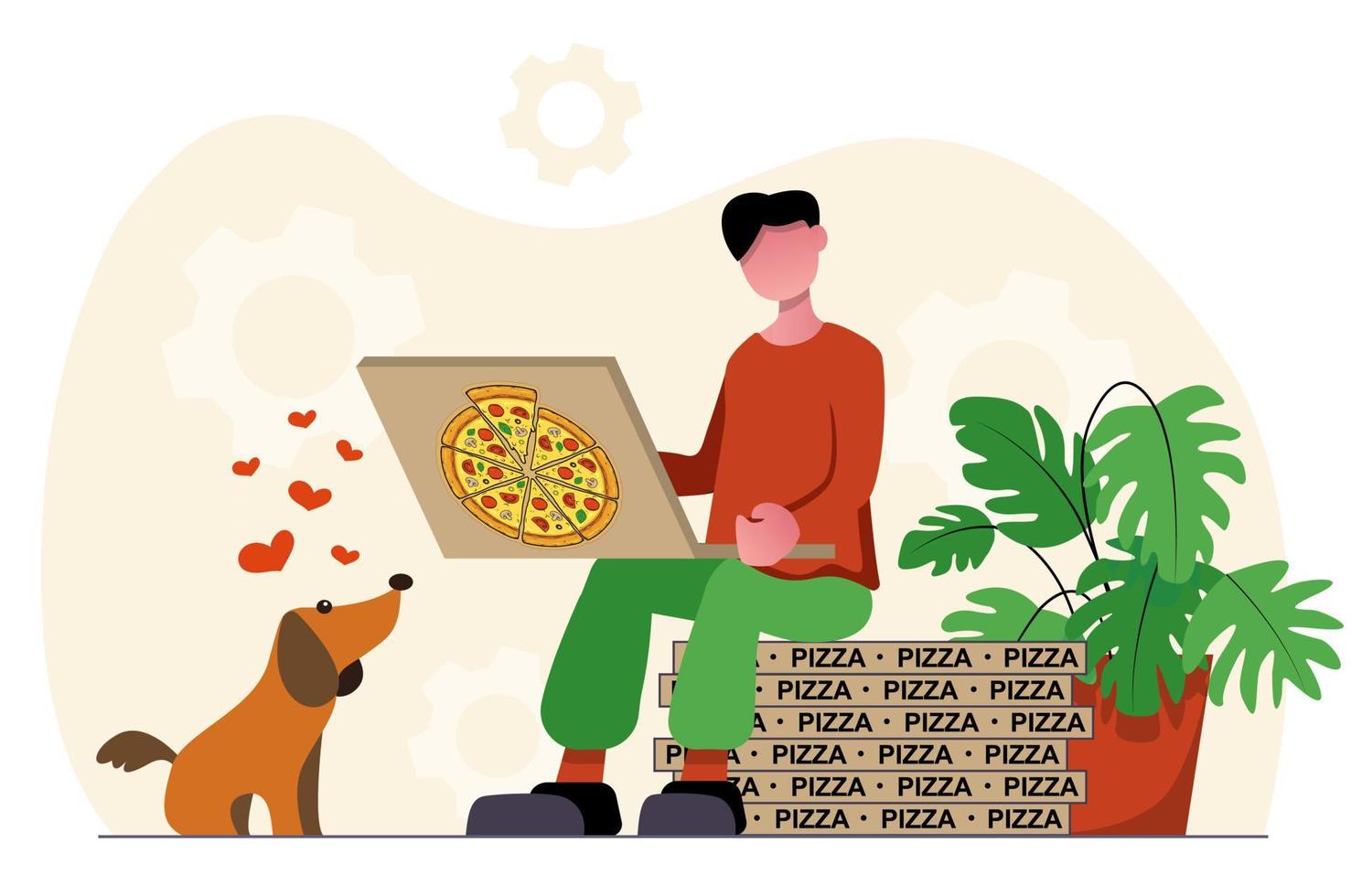 Food delivery. Man eats pizza, his dog asks for a treat. vector