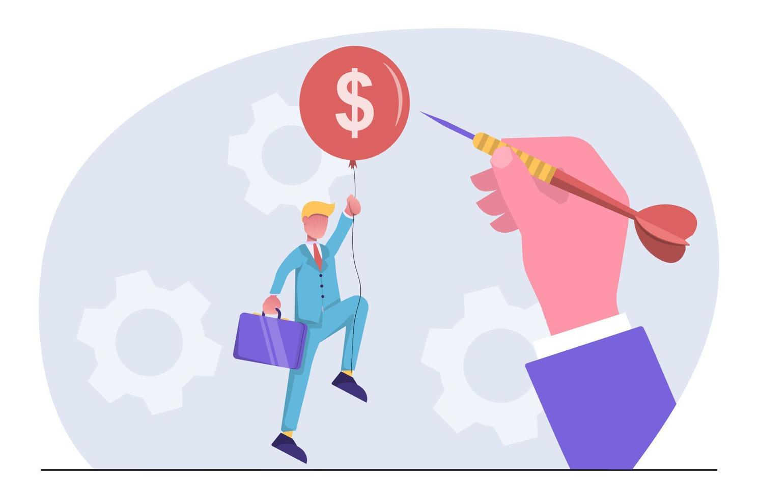 Financial crisis. A hand throws a dart at a balloon with a businessman vector