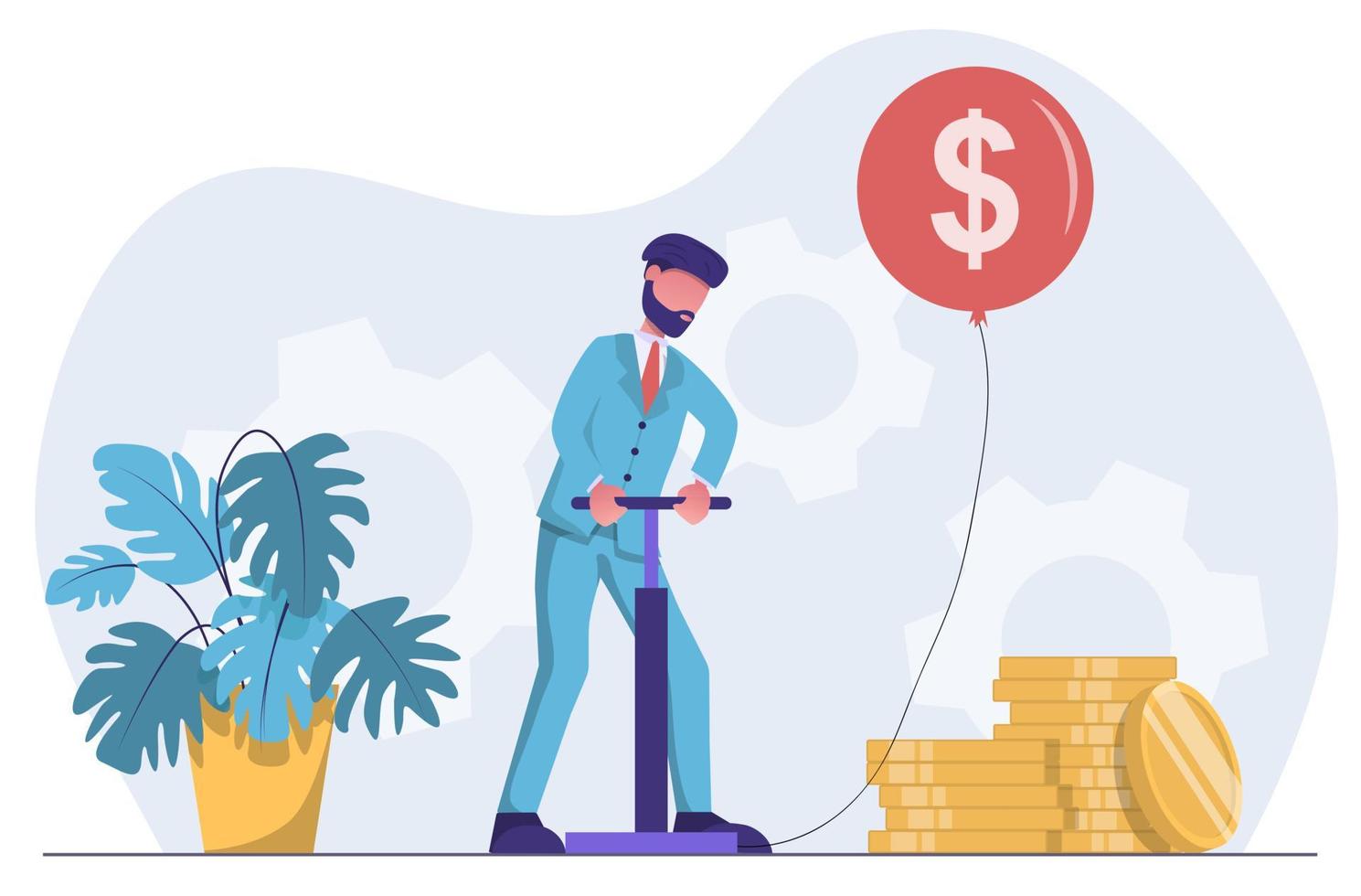 Financial investments. Inflation. Businessman inflates balloon with dollar vector
