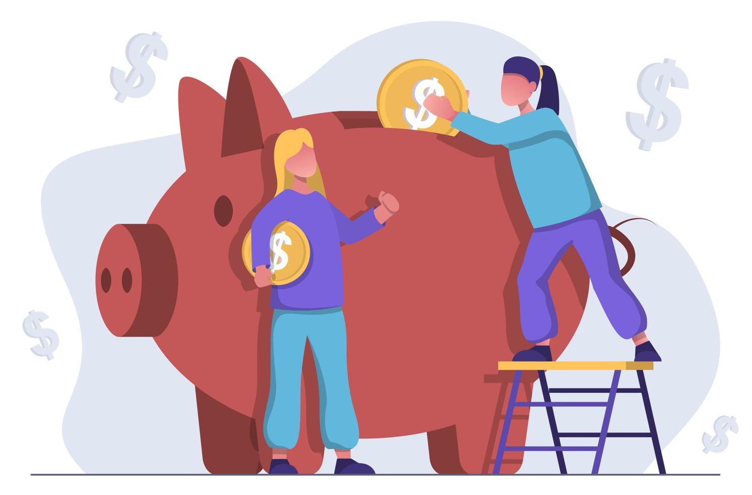 Money saving. People put money in the piggy bank vector