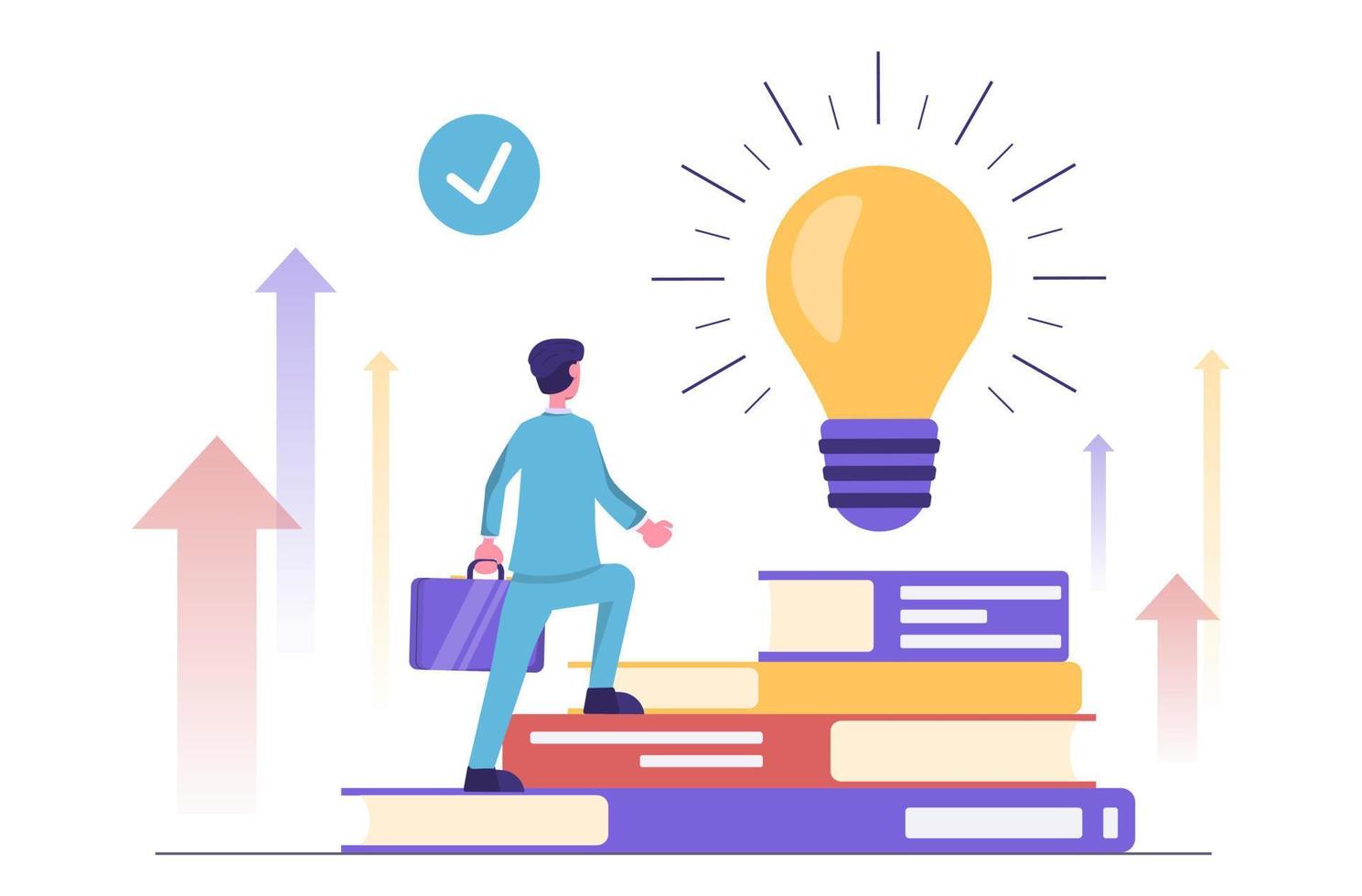 Knowledge power. Businessman walks up the books to a glowing light bulb vector