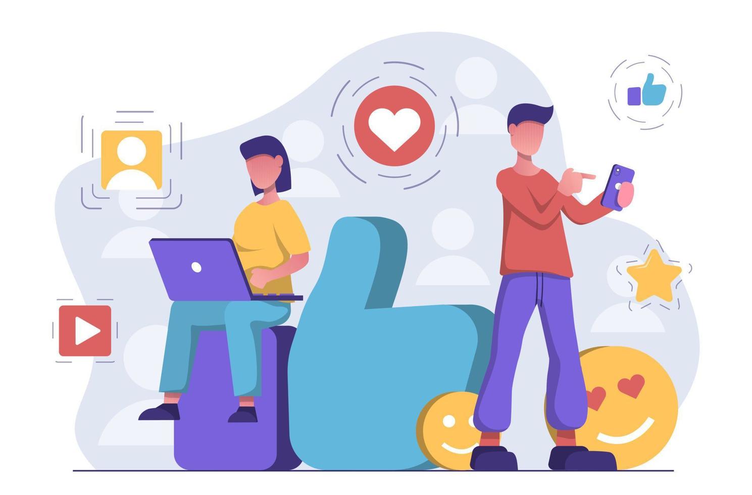Social network. People sit on social networks on their devices, send chat messages vector