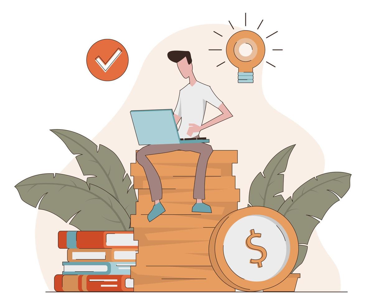 Knowledge. A man with a laptop sitting on a coin, a light bulb next to it vector