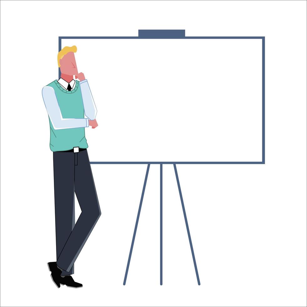 A businessman in a business suit standing next to an empty white board. Template for inscriptions. Template for inscriptions. Flat vector illustration.