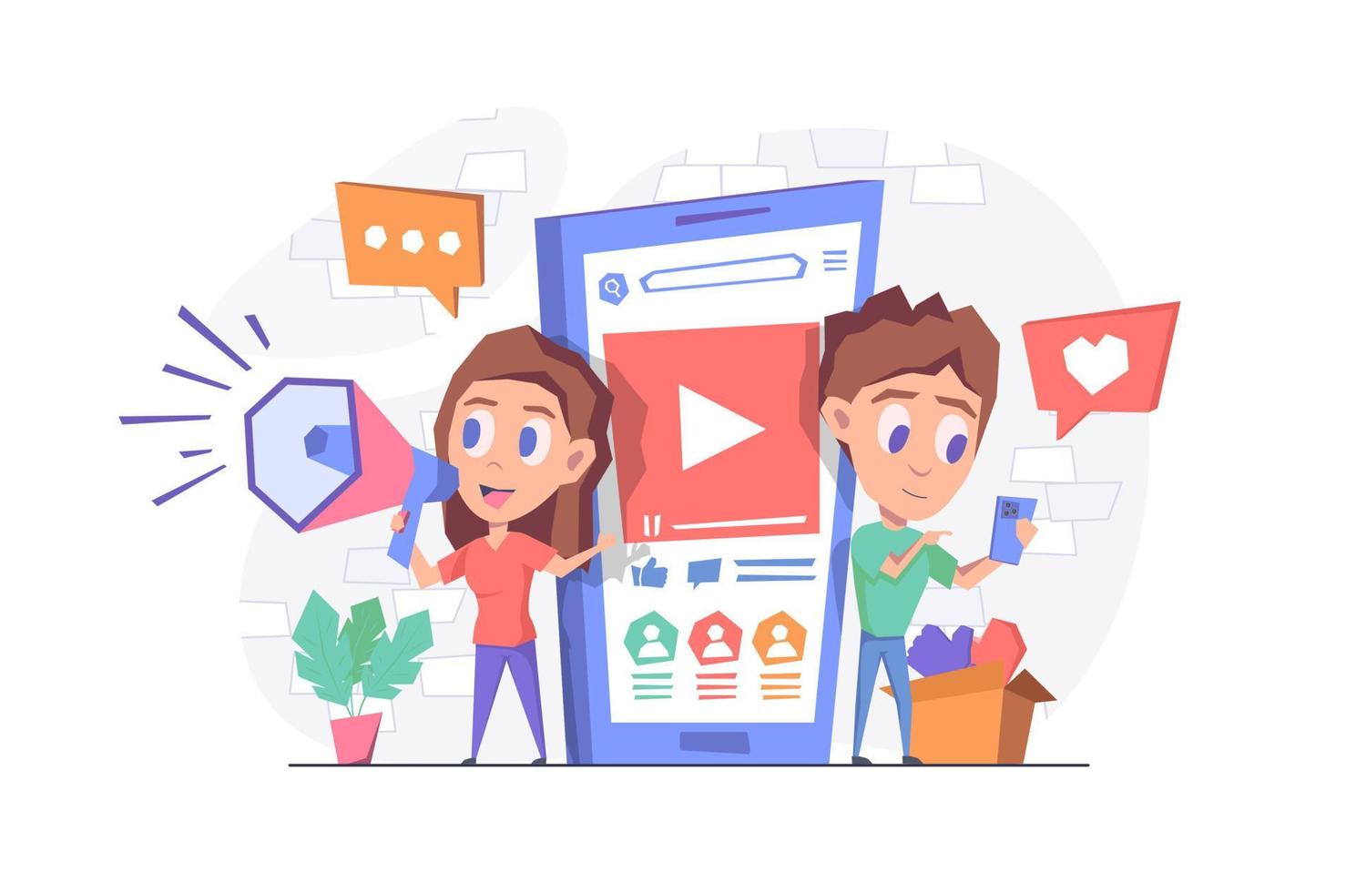 Social media marketing. A woman with a horn stands by the phone. A man is holding a smartphone, watching a video, giving likes. Flat vector illustration.