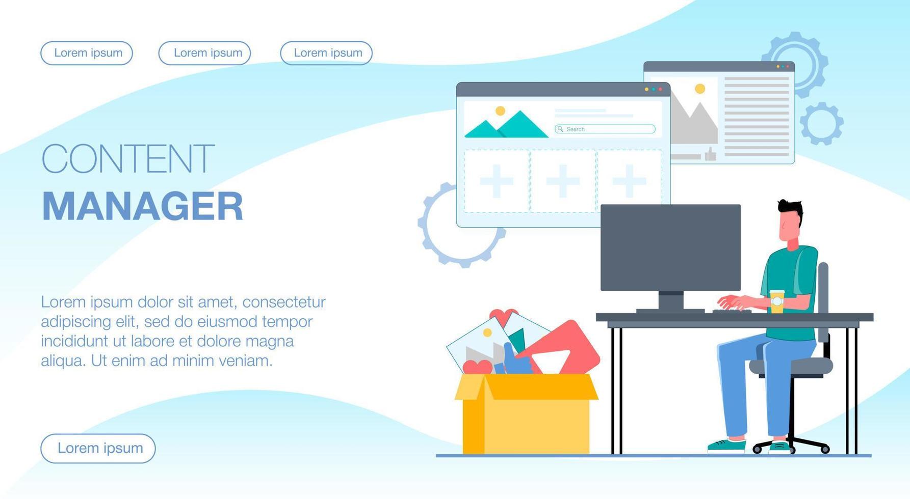 el administrador de contenido llena el sitio web con información. un hombre trabaja en la computadora, con las ventanas de la cuenta colgando sobre él. ilustración vectorial plana. vector
