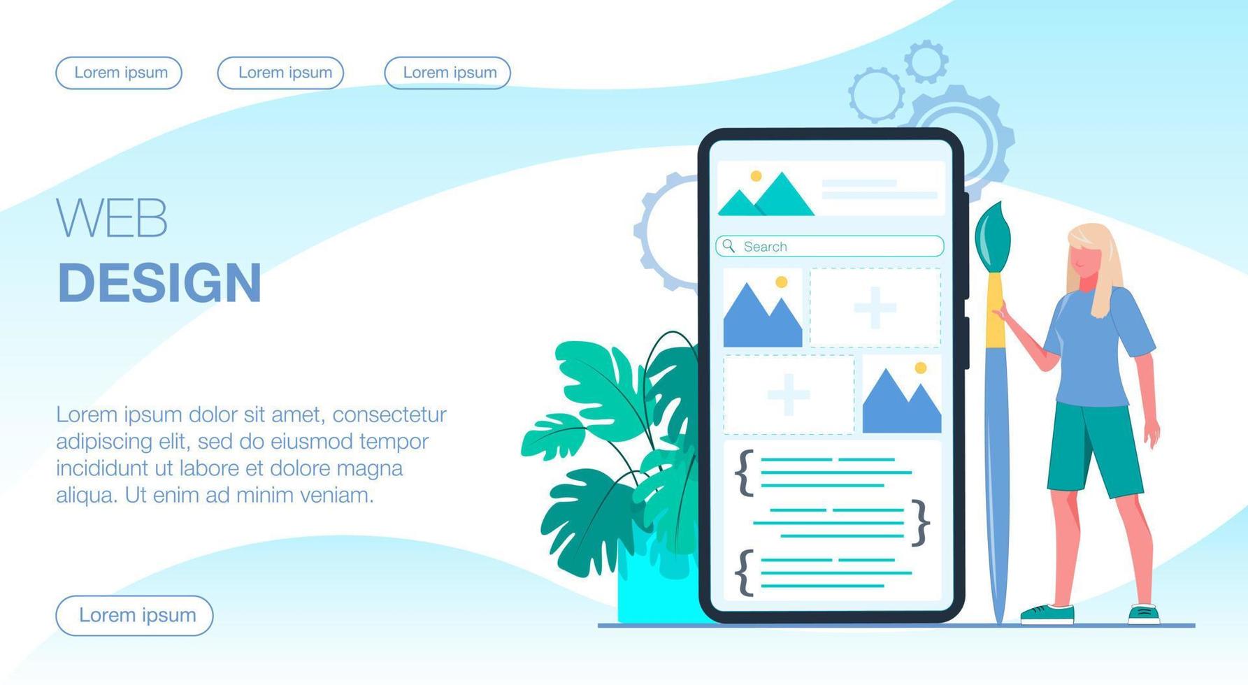 A woman does web design. She stands next to her smartphone and holds a brush. The screen shows the development of a website design. Flat vector illustration.