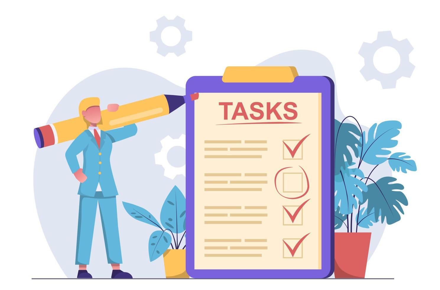 Personal productivity. A businesswoman marks tasks completed with a marker on a clipboard vector