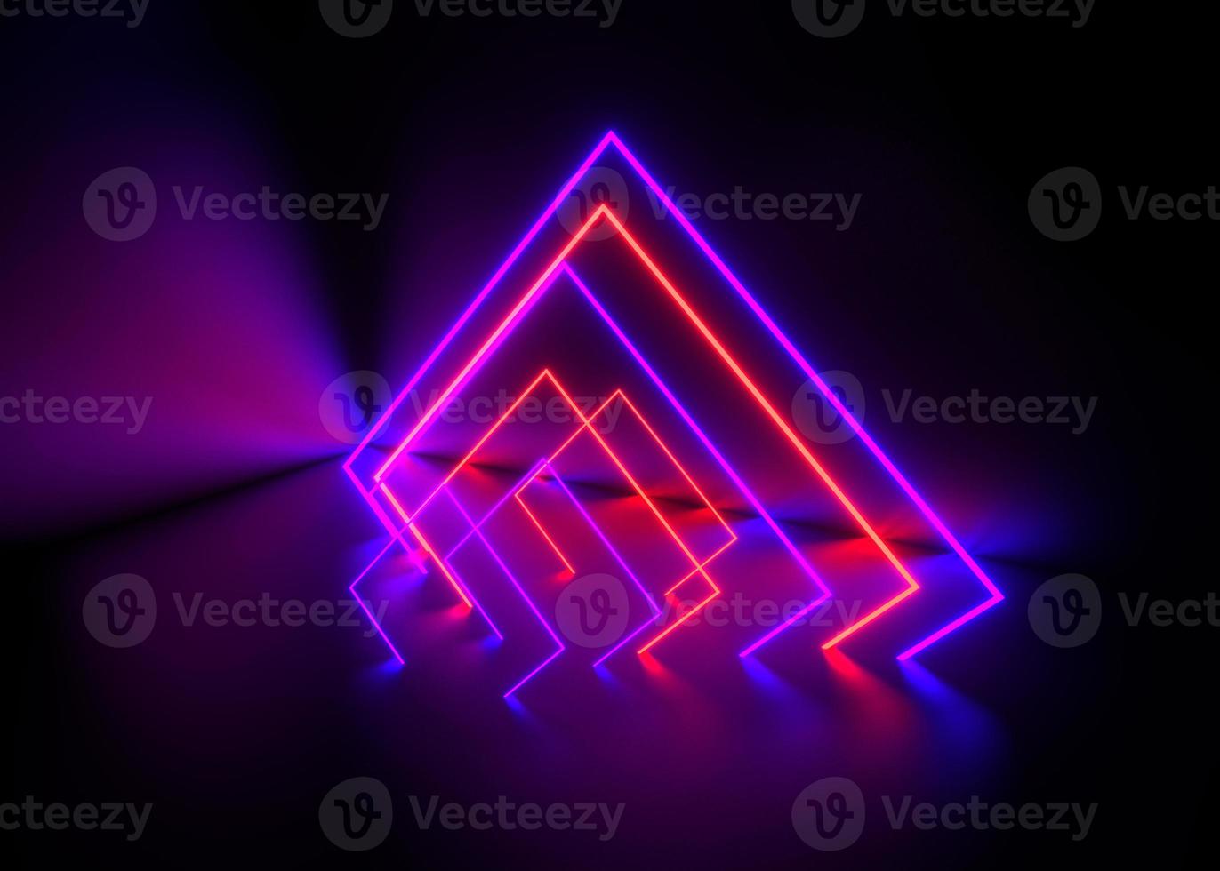 3d render, ultraviolet neon triangular portal, glowing lines, tunnel, corridor, virtual reality, abstract fashion background, violet, white and blue neon lights. photo