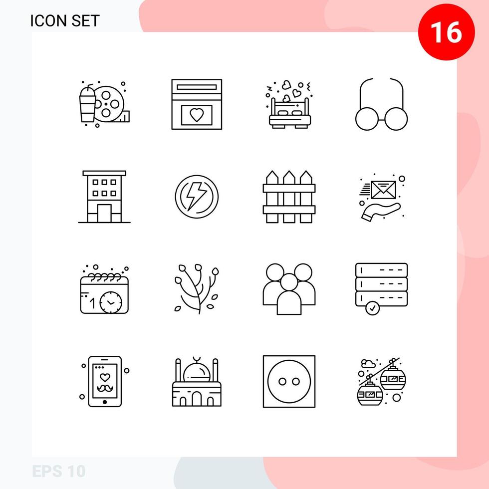 16 User Interface Outline Pack of modern Signs and Symbols of buildings view wedding fund read love bed Editable Vector Design Elements
