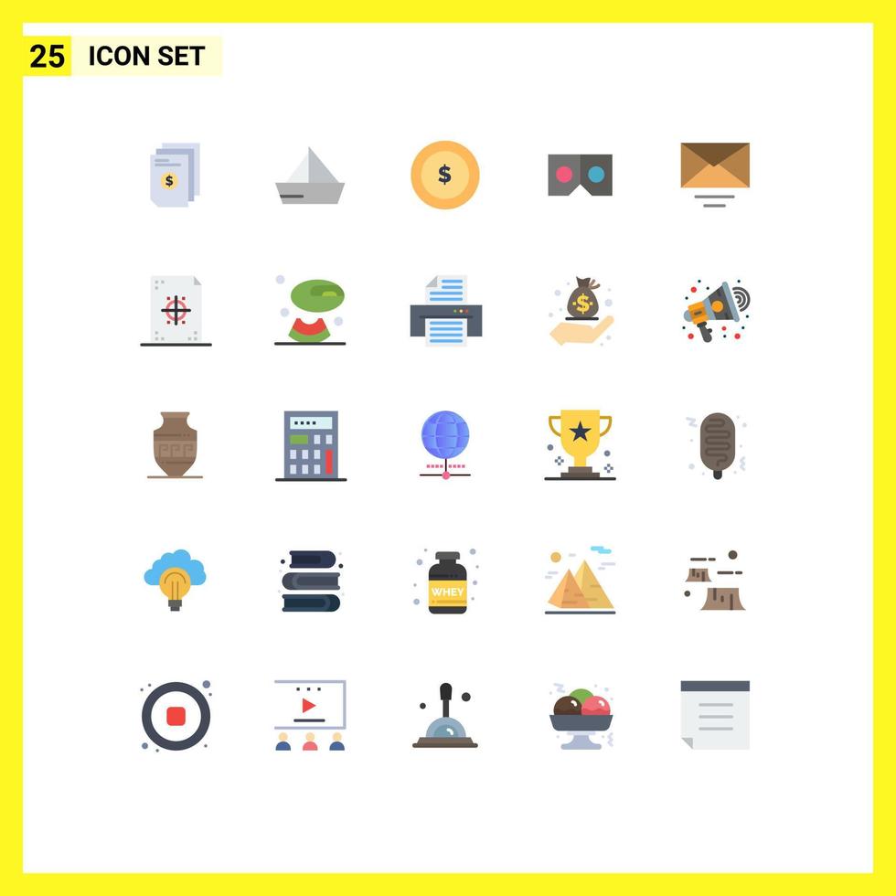 25 User Interface Flat Color Pack of modern Signs and Symbols of email movie vehicles vr finance Editable Vector Design Elements