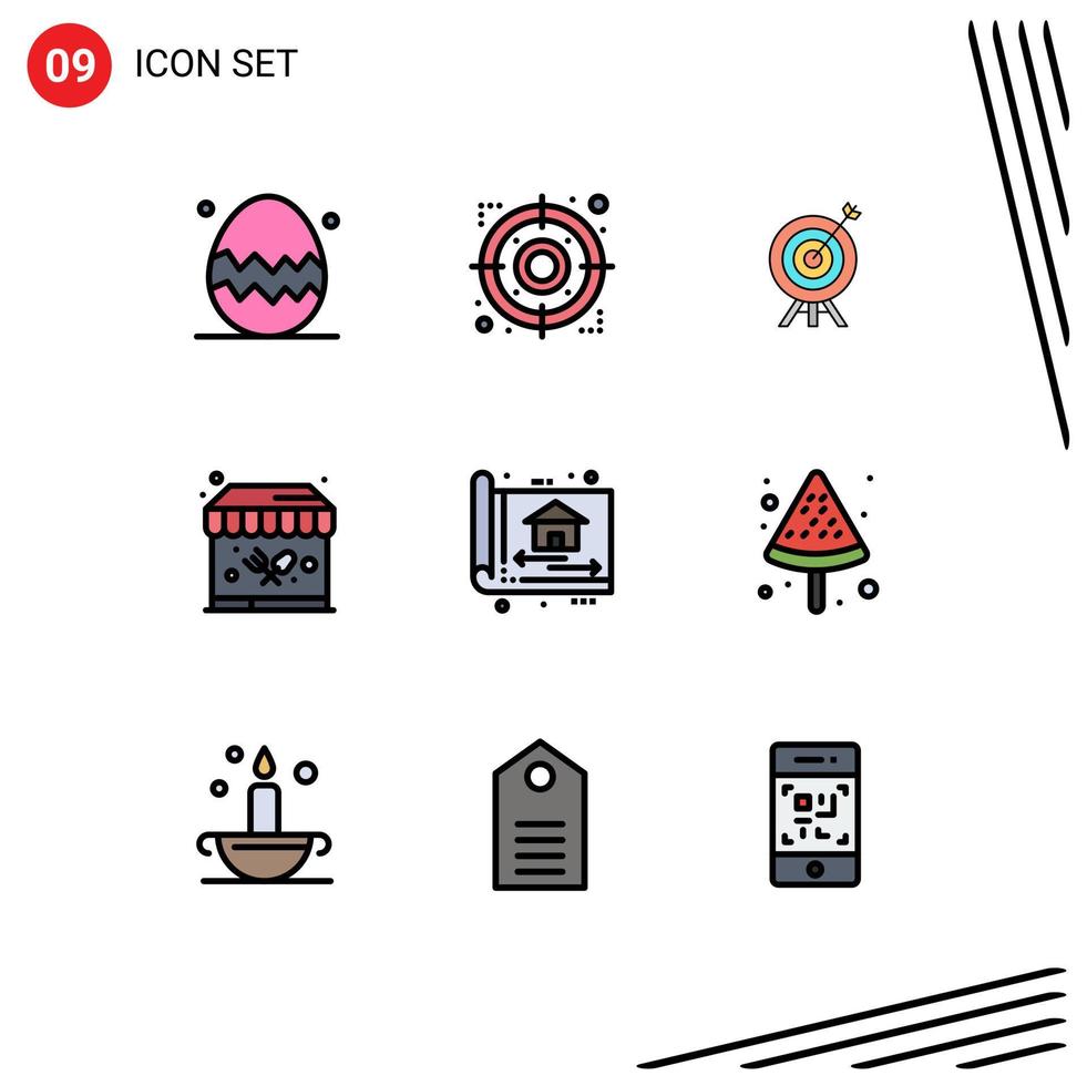 Editable Vector Line Pack of 9 Simple Filledline Flat Colors of build blue print target garden food stand Editable Vector Design Elements