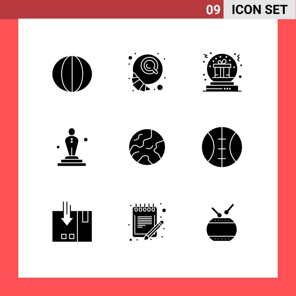 Pack of 9 Modern Solid Glyphs Signs and Symbols for Web Print Media such as oscar film morning cinema gift Editable Vector Design Elements