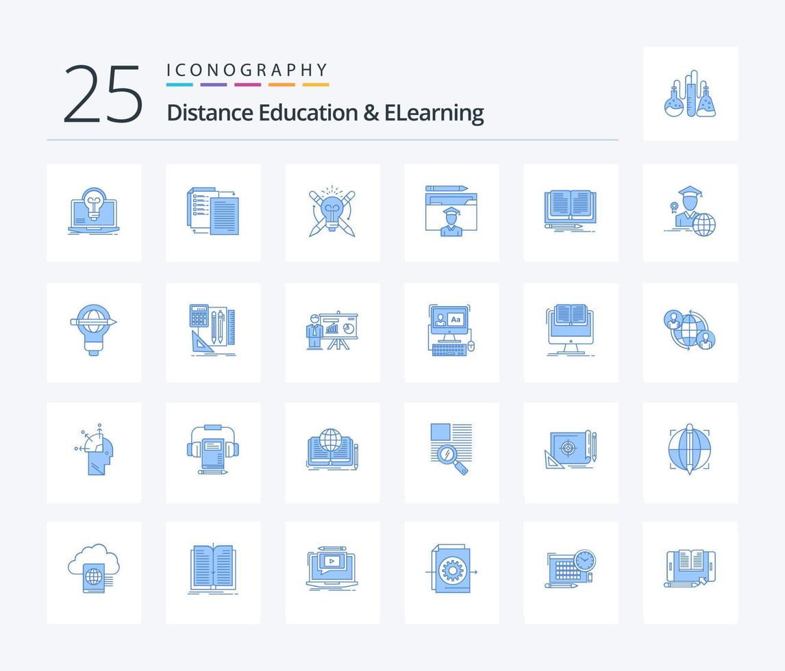 educación a distancia y e-learning 25 paquete de iconos de color azul que incluye posgrado. avatar. wlan ligero vector