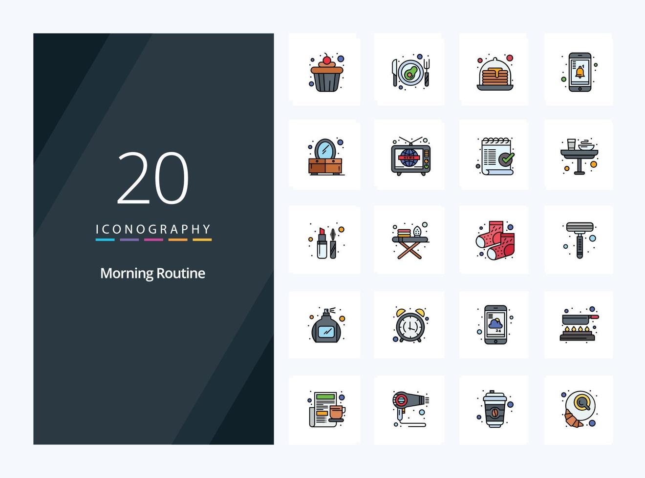 20 Morning Routine line Filled icon for presentation vector