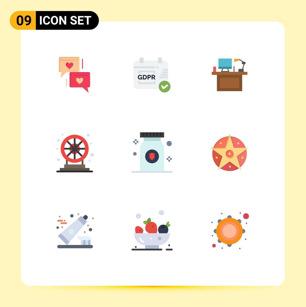 9 User Interface Flat Color Pack of modern Signs and Symbols of play fun desk wheel place Editable Vector Design Elements