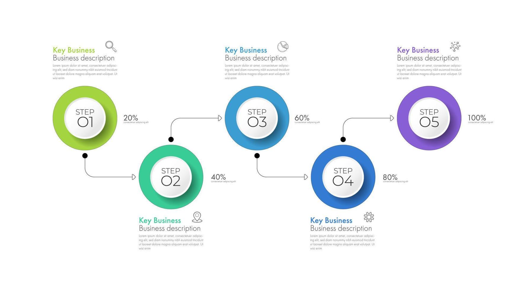 La plantilla de línea de tiempo de infografía moderna se puede utilizar para el diseño de flujo de trabajo, diagrama, opciones de número, diseño web. concepto de negocio infográfico con 5 opciones, partes, pasos o procesos. vector