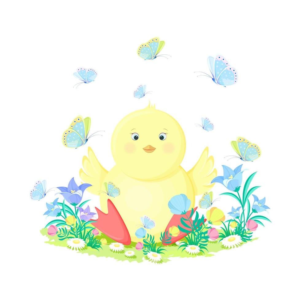 A cute little yellow chicken is sitting in bright wildflowers and butterflies are flying around. Vector illustration isolated on a white background. The concept of the Easter holiday, birthday