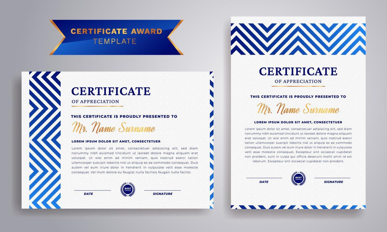 plantilla de borde de certificado de logro azul y dorado con insignia de lujo y patrón de línea moderno. para premios, negocios y necesidades educativas. vector