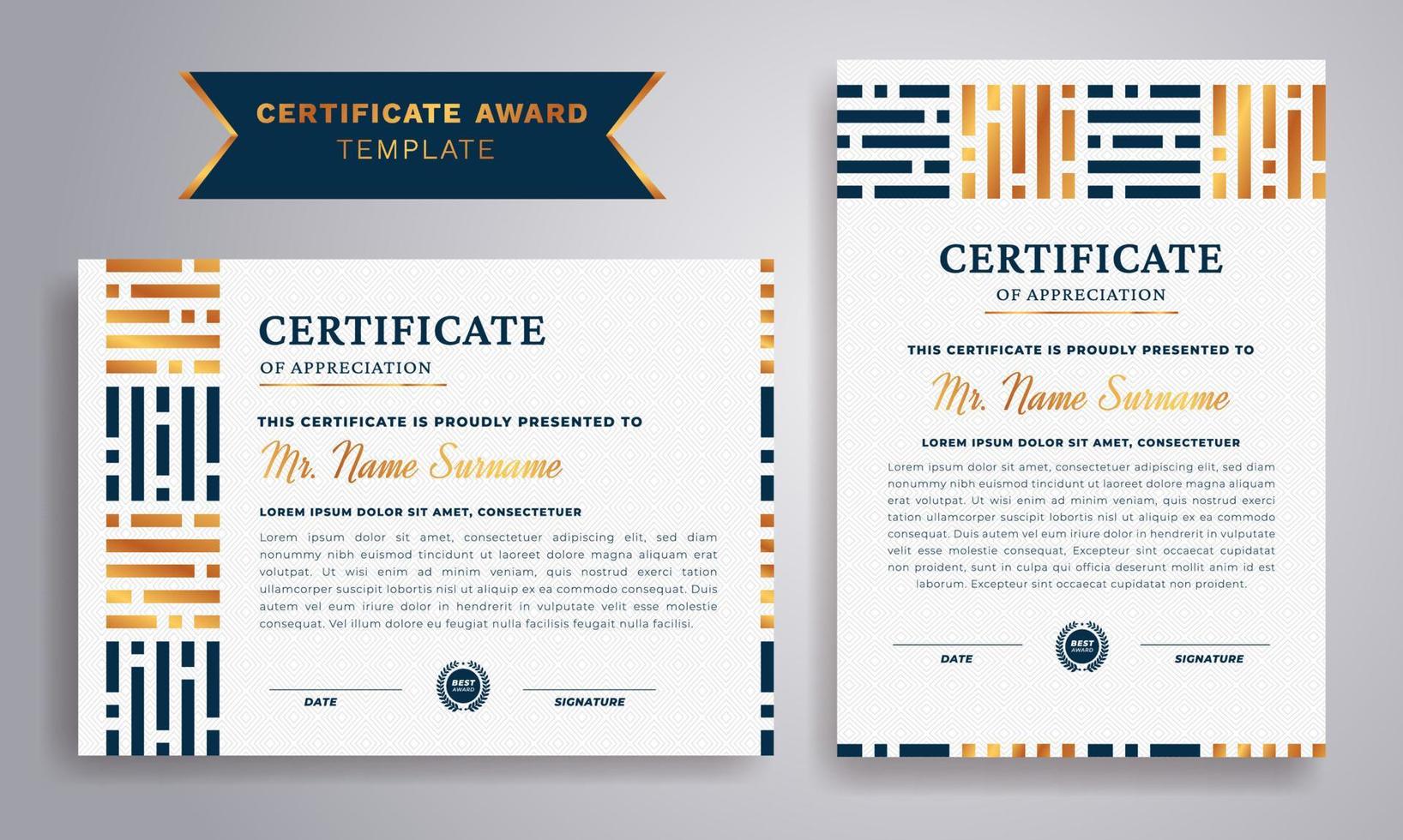 Certificate template. Diploma of modern design or gift certificate. Blue and gold certificate of achievement border template. vector