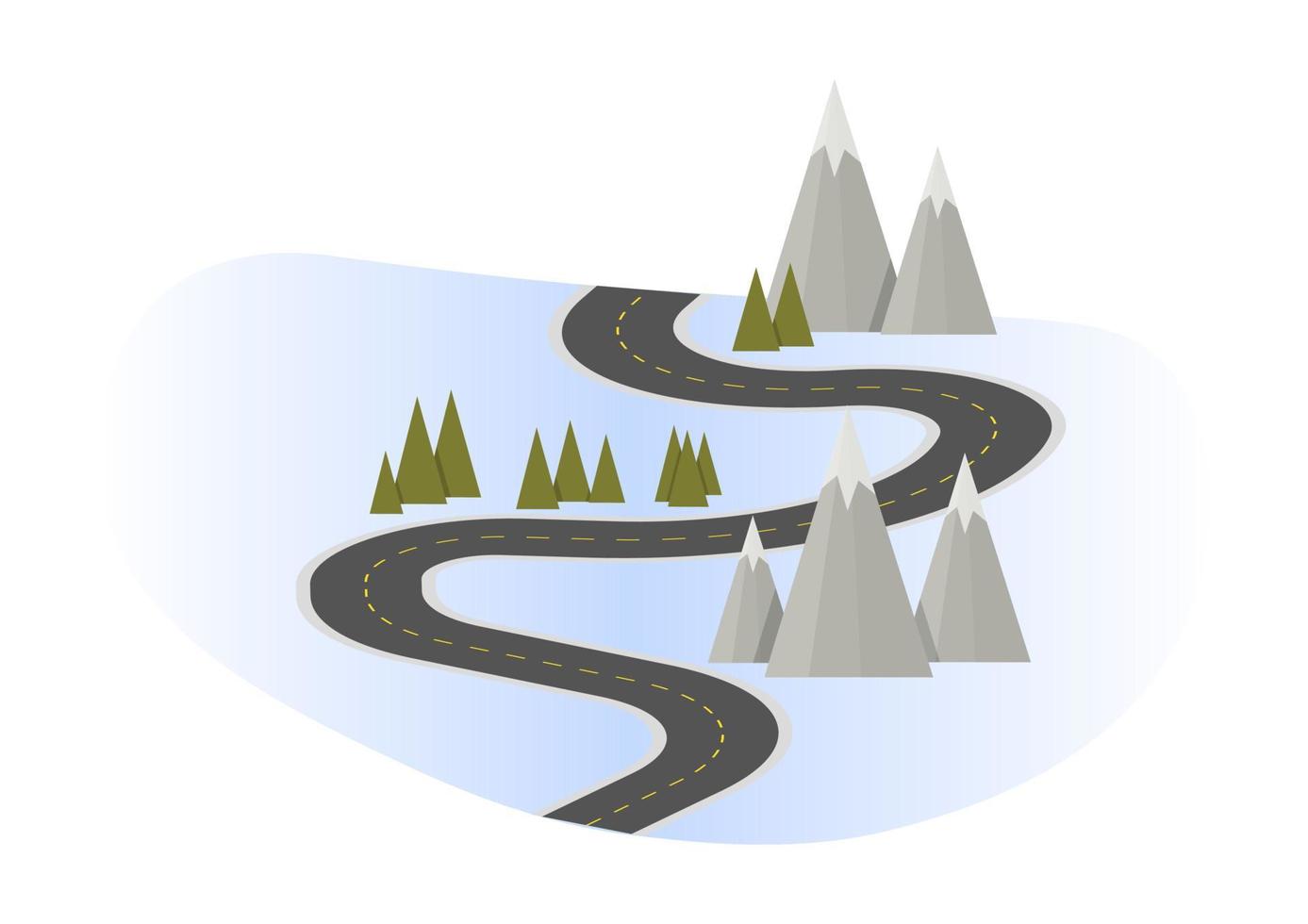 Road in perspective goes between green fir trees and white snow around vector
