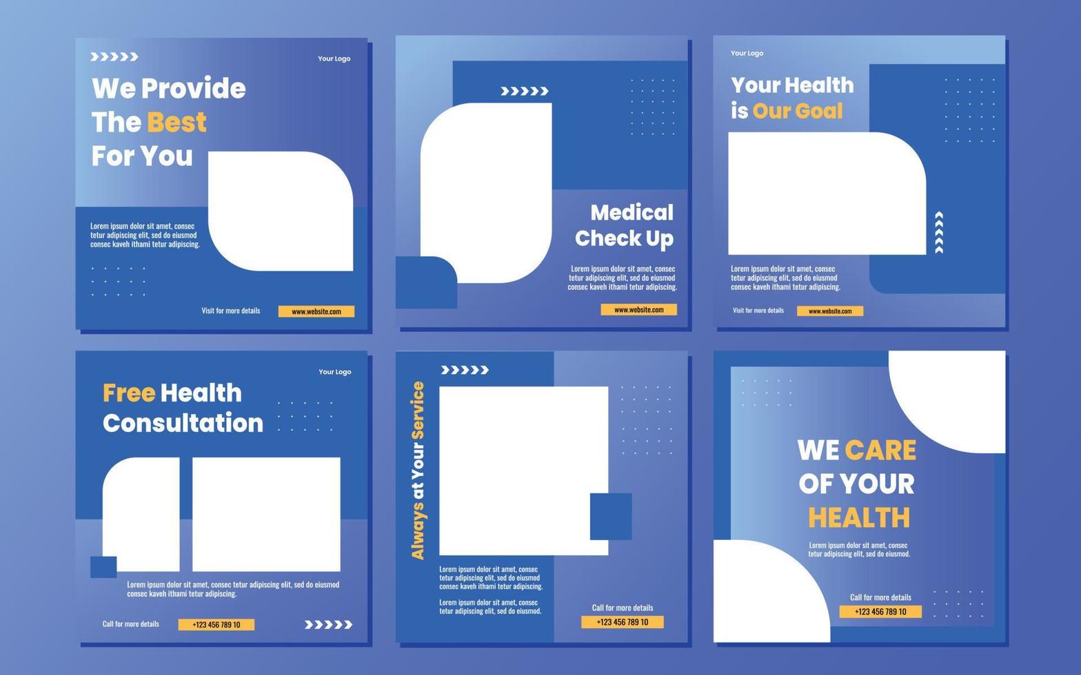 Medical social media post template design collection. Modern banner with blue and white background and place for the photo. Usable for social media, banner, and website. vector