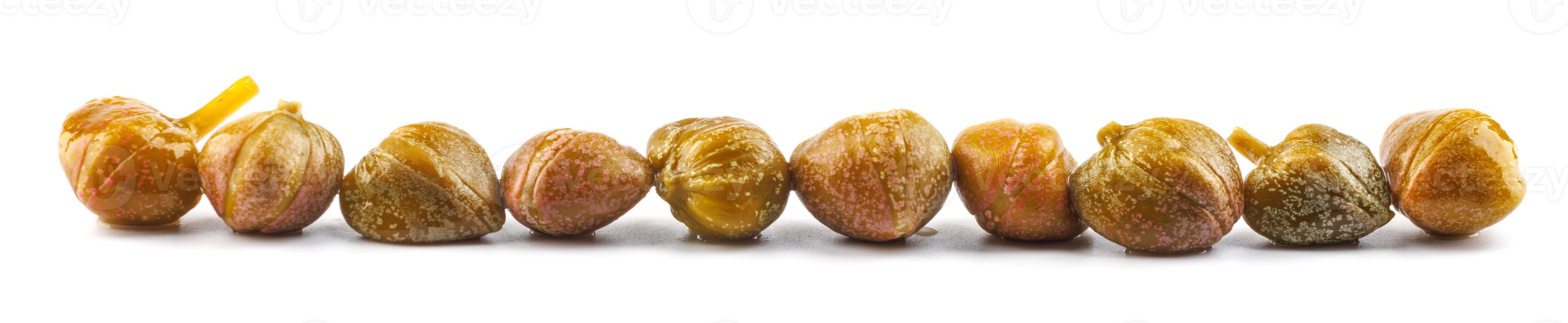 Capers isolated on white background. Full clipping path. A line of capers laid out in a row. photo