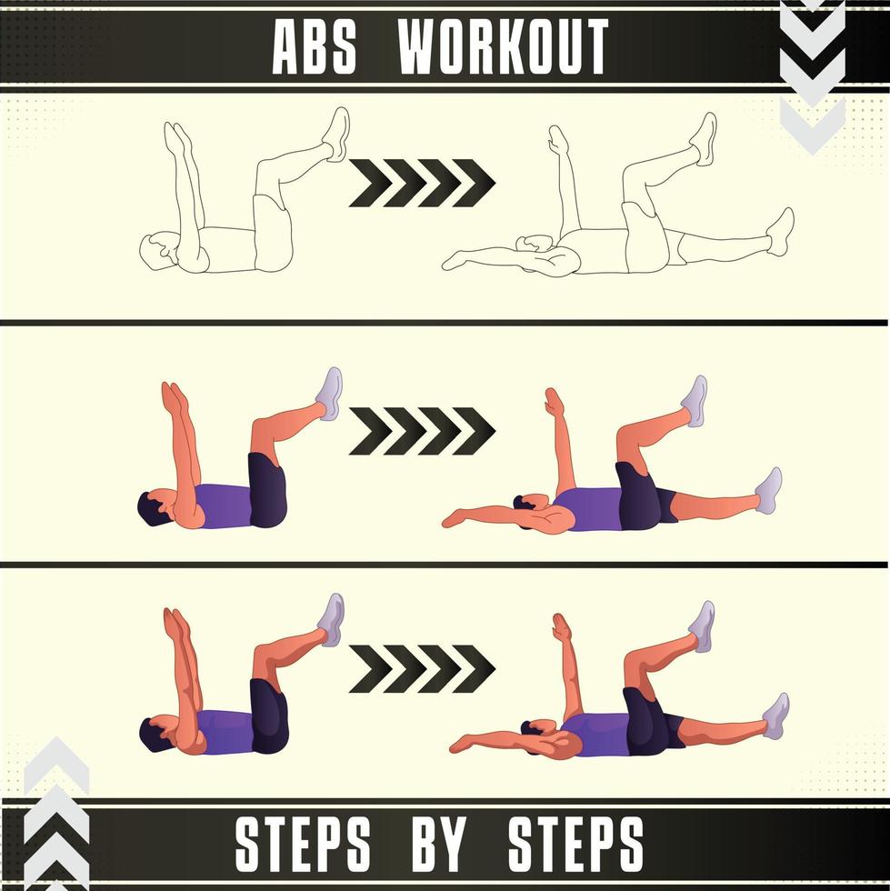 Man Workout Set. Man doing fitness, abs and yoga exercises. Lunges, Pushups, Squats, Dumbbell rows, Burpees, Side planks, Situ ps, Glute bridge, Leg Raise, Russian Twist, Side Crunch .etc vector
