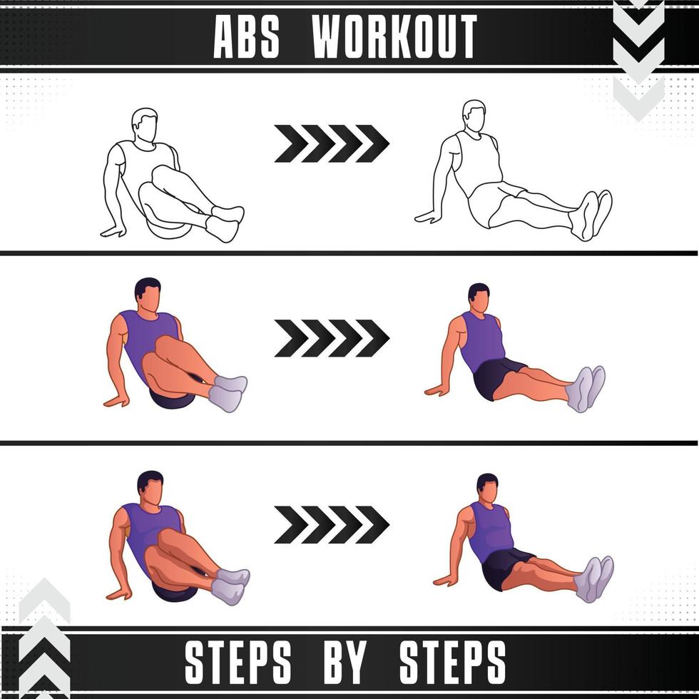 Man Workout Set. Man doing fitness, abs and yoga exercises. Lunges, Pushups, Squats, Dumbbell rows, Burpees, Side planks, Situ ps, Glute bridge, Leg Raise, Russian Twist, Side Crunch .etc vector