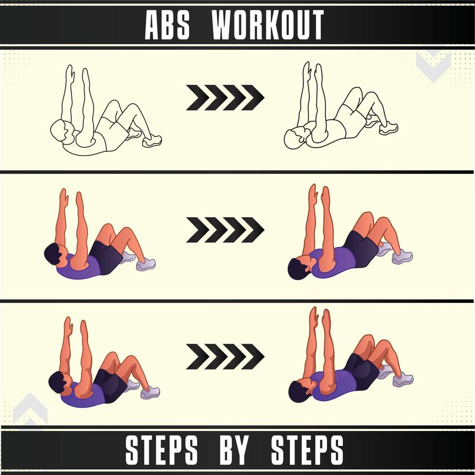 Man Workout Set. Man doing fitness, abs and yoga exercises. Lunges, Pushups, Squats, Dumbbell rows, Burpees, Side planks, Situ ps, Glute bridge, Leg Raise, Russian Twist, Side Crunch .etc vector