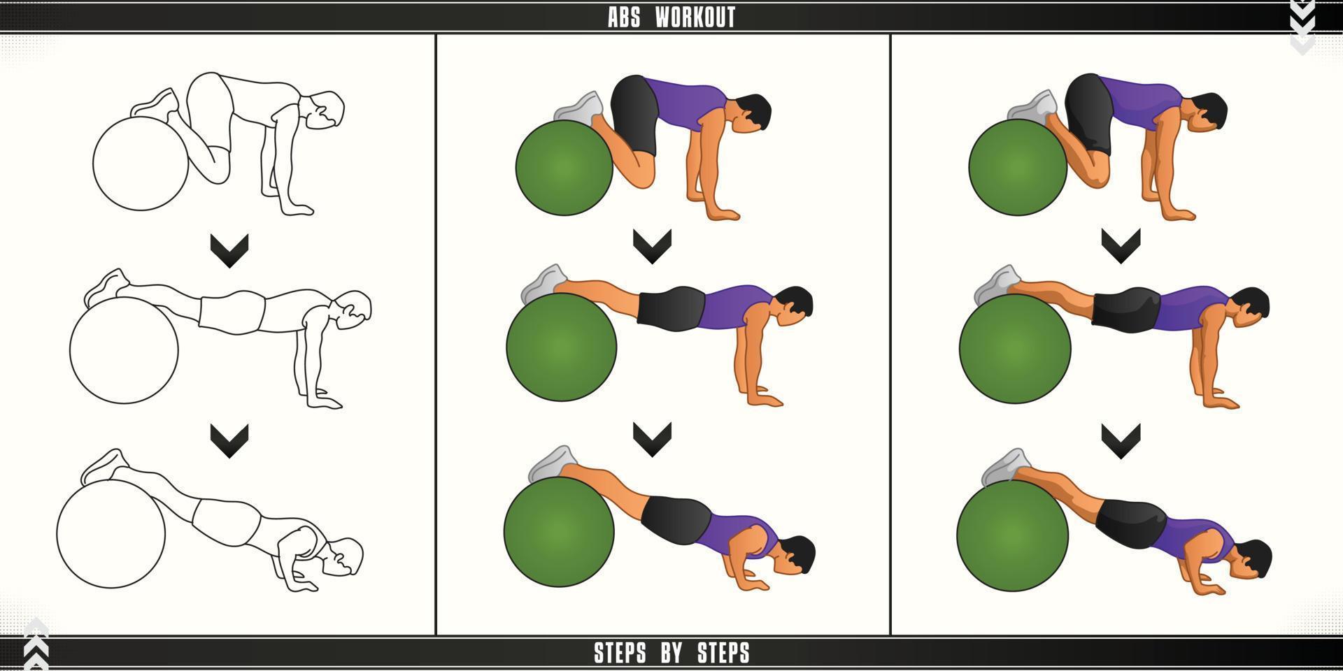 Man Workout Set. Man doing fitness, abs and yoga exercises. Lunges, Pushups, Squats, Dumbbell rows, Burpees, Side planks, Situ ps, Glute bridge, Leg Raise, Russian Twist, Side Crunch .etc vector