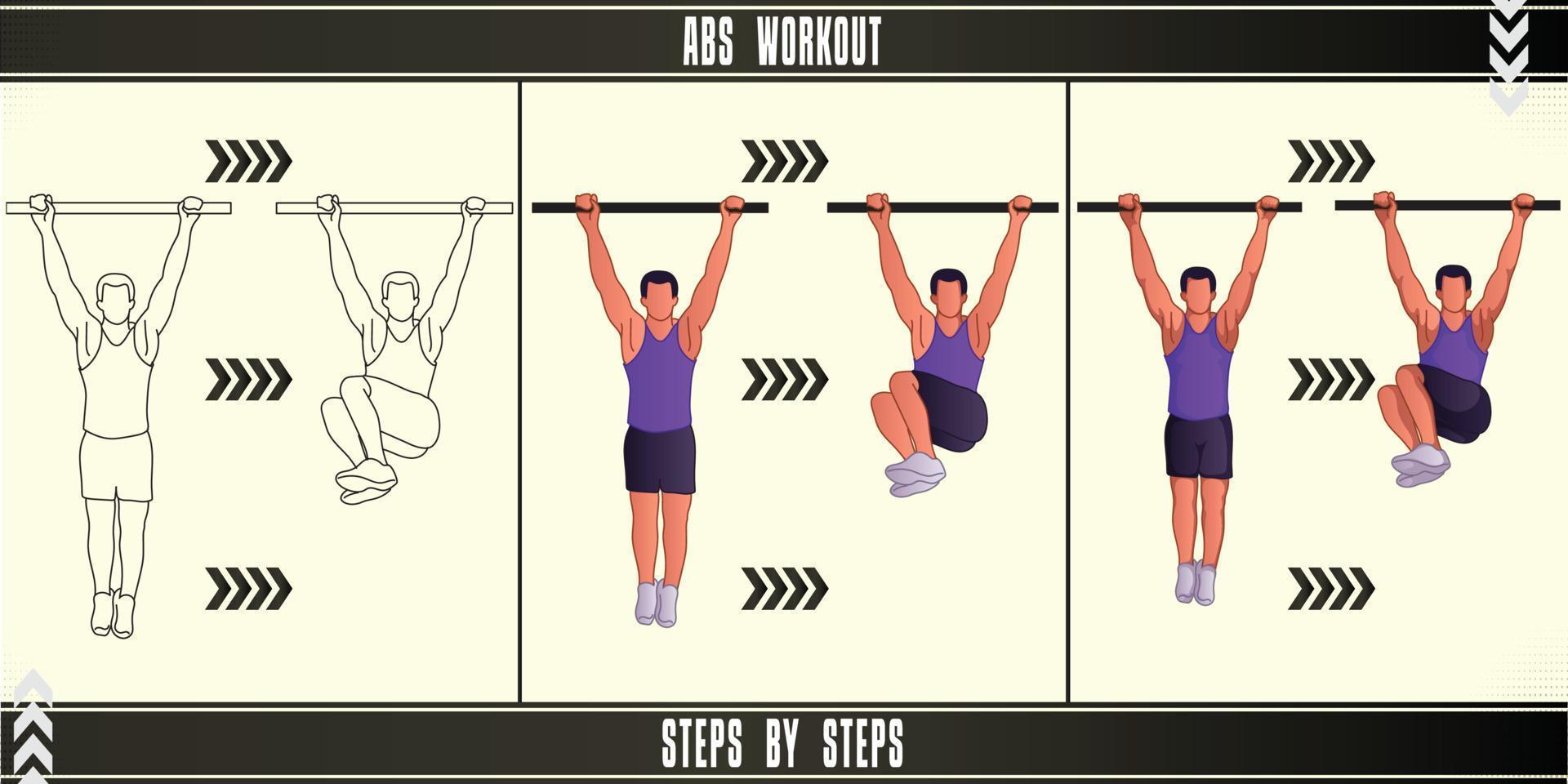 Man Workout Set. Man doing fitness, abs and yoga exercises. Lunges, Pushups, Squats, Dumbbell rows, Burpees, Side planks, Situ ps, Glute bridge, Leg Raise, Russian Twist, Side Crunch .etc vector