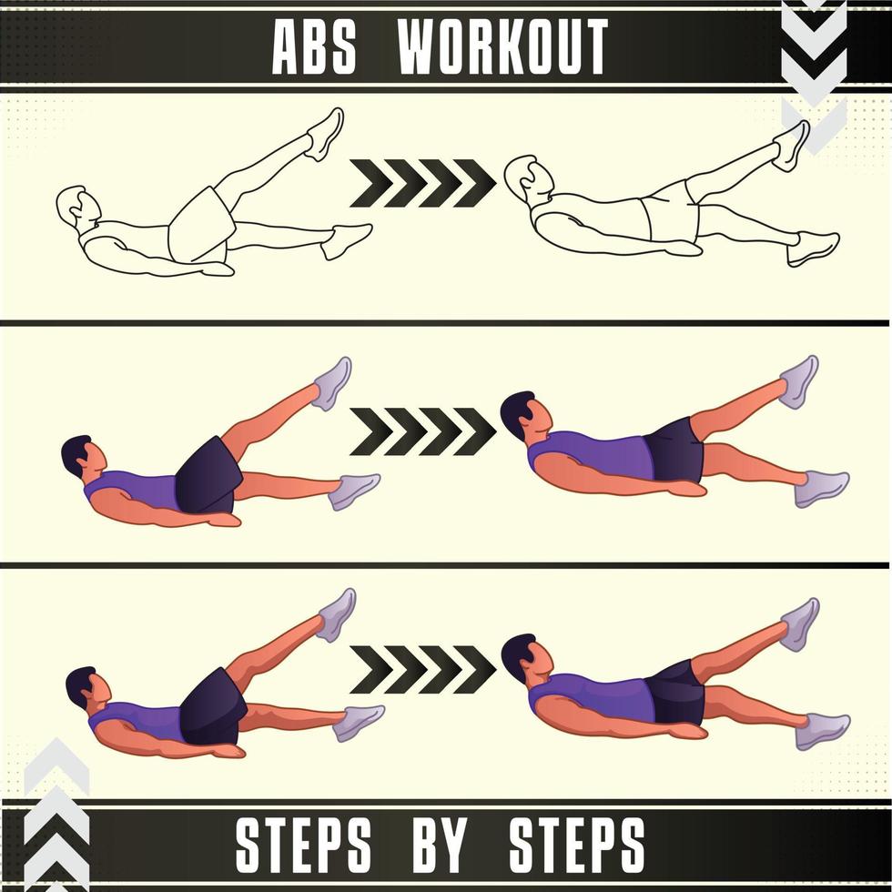 Man Workout Set. Man doing fitness, abs and yoga exercises. Lunges, Pushups, Squats, Dumbbell rows, Burpees, Side planks, Situ ps, Glute bridge, Leg Raise, Russian Twist, Side Crunch .etc vector