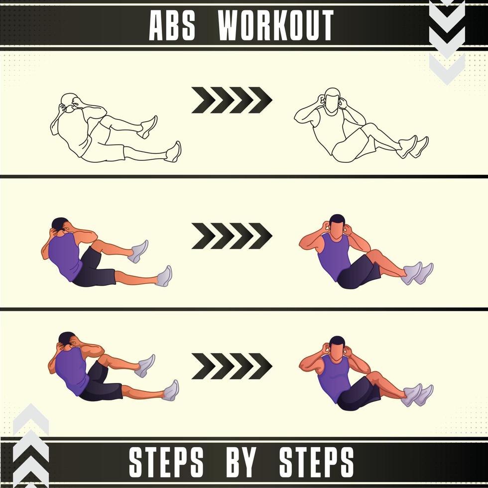 Man Workout Set. Man doing fitness, abs and yoga exercises. Lunges, Pushups, Squats, Dumbbell rows, Burpees, Side planks, Situ ps, Glute bridge, Leg Raise, Russian Twist, Side Crunch .etc vector